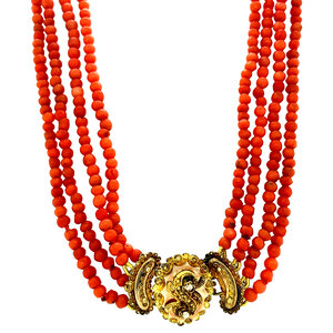 Blood coral necklace with 14 carat gold clasp