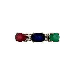 Witgouden ring met smaragd, saffier, robijn en diamant 14 krt