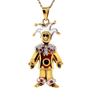 Gold joker pendant with ruby, sapphire and diamond 18 krt