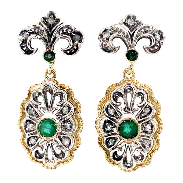 vintage Gouden oorclips met roosdiamant en smaragd 18 krt/835