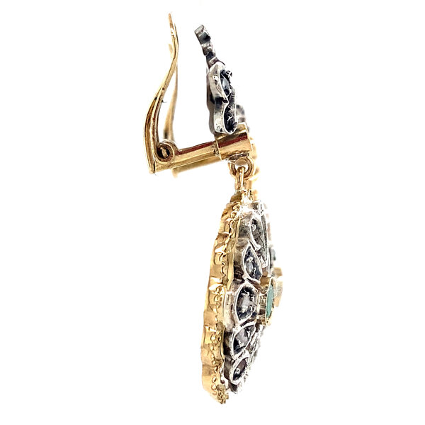 vintage Gouden oorclips met roosdiamant en smaragd 18 krt/835