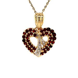 Gold heart pendant with garnet and diamond 14 kt