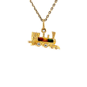 Gold train pendant with enamel 14 krt