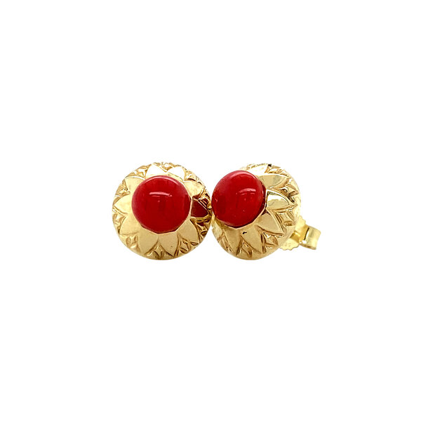 vintage Gold ear studs with blood coral 14 krt