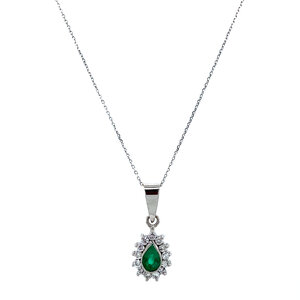 White gold necklace with emerald and diamond pendant 18 krt