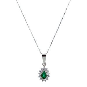 Witgouden collier met smaragd en diamant hanger 18 krt
