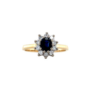 Gold ring with sapphire and diamond 14 krt