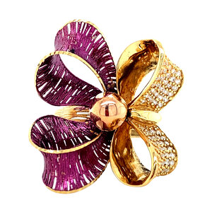 Gouden strik ring met emaille en zirkonia 18 krt