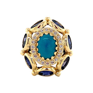 Gold ring with iolite, turquoise and sapphire 18 krt