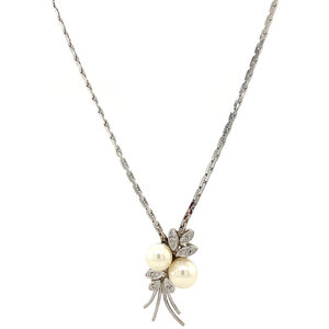 White gold necklace with diamond and pearl pendant 14 krt