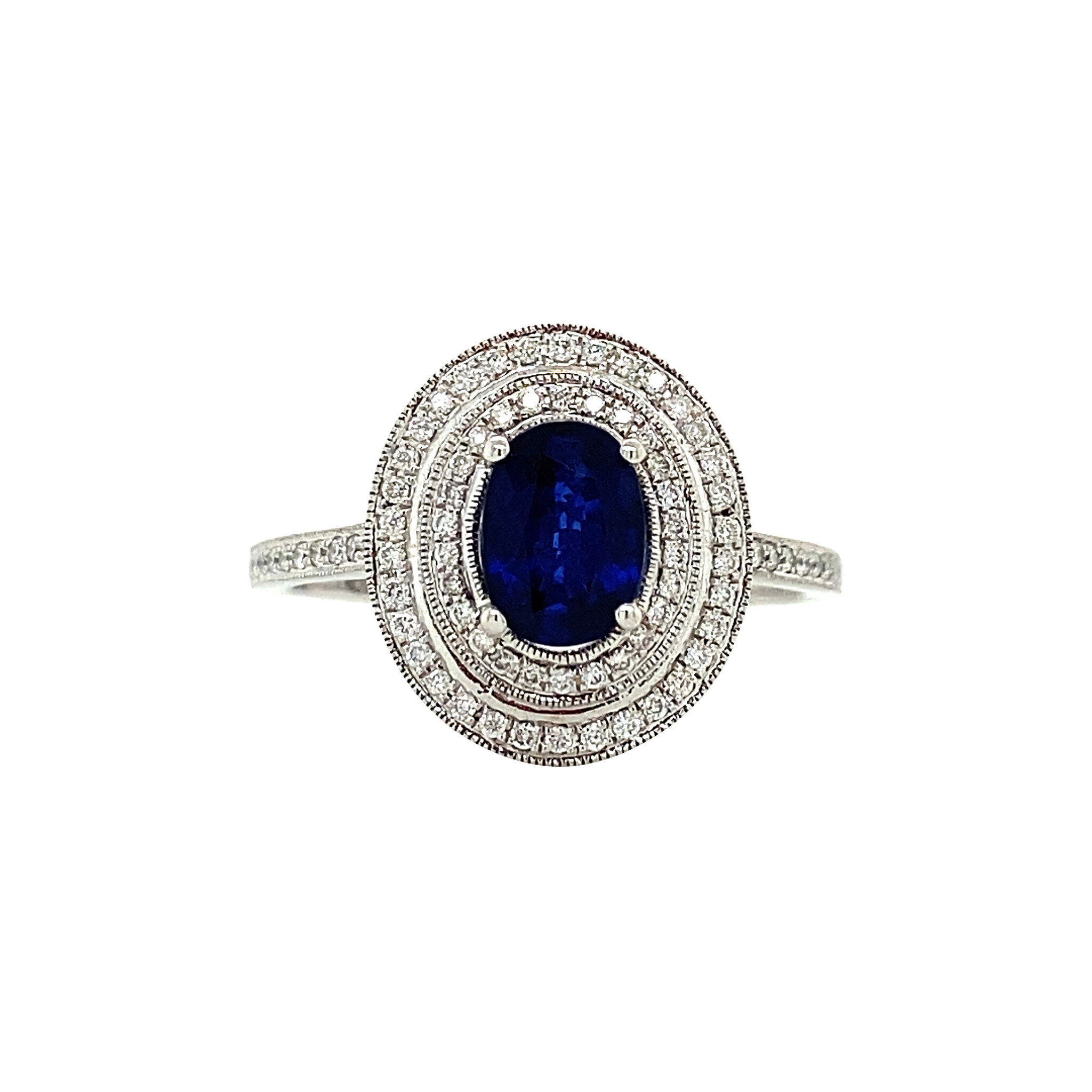 Witgouden entourage ring met saffier en diamant 18 krt - Vintage Jewellery, image size:2048x2048