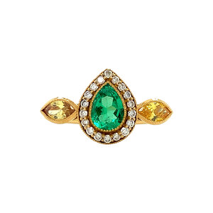 Gouden ring met moissaniet, smaragd en diamant 18 krt