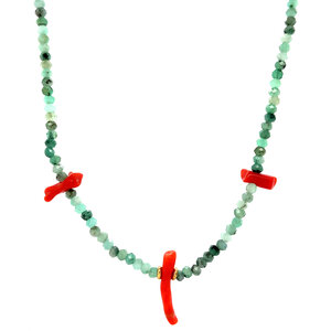 Emerald necklace with blood coral 14 krt