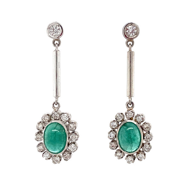 vintage Platina entourage oorhangers met smaragd en diamant 950