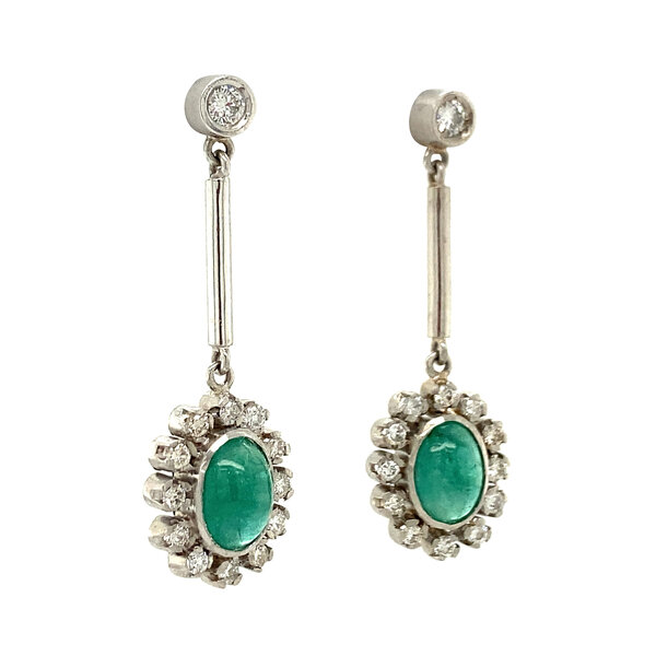 vintage Platina entourage oorhangers met smaragd en diamant 950