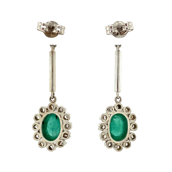 vintage Platina entourage oorhangers met smaragd en diamant 950
