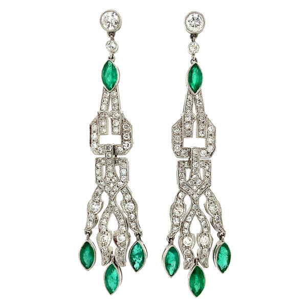 vintage Platina oorhangers met smaragd en diamant 950
