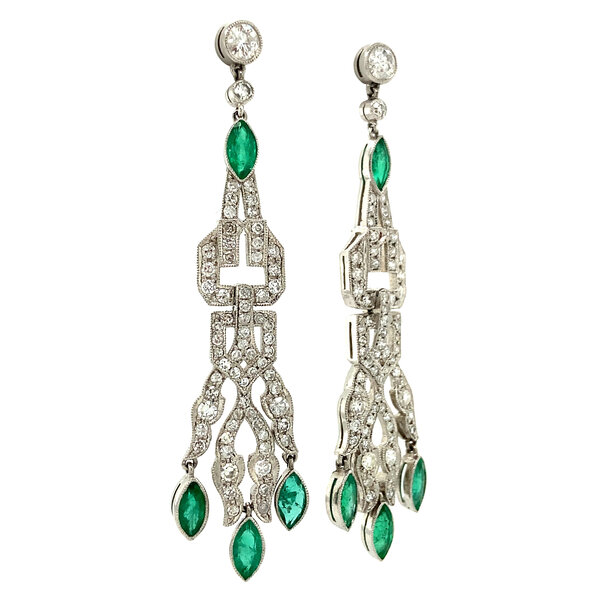 vintage Platina oorhangers met smaragd en diamant 950