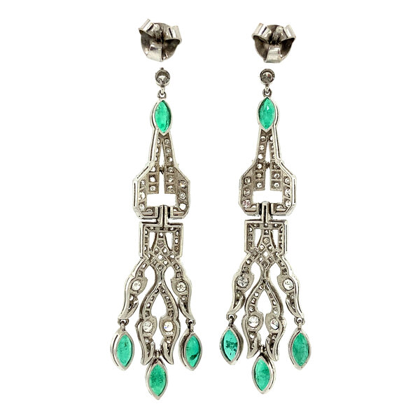 vintage Platina oorhangers met smaragd en diamant 950