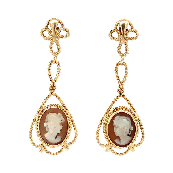 vintage Gouden oorhangers met camee 14 krt