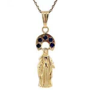 Gold Mary pendant with sapphire 14 krt