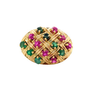 Gouden ring met smaragd en robijn 18 krt