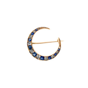 Gold moon brooch with sapphire and rose diamond 14 krt