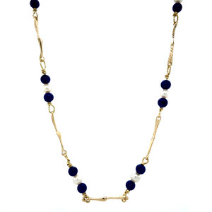 Gold necklace with lapis lazuli and pearl 14 krt