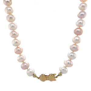 Pearl necklace with gold bow clasp 14 krt