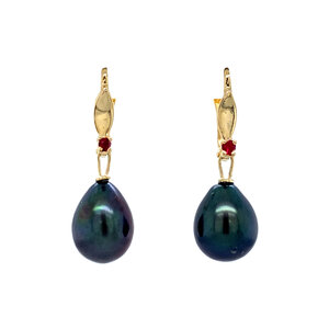 Gold earrings with coloured stone and pearl 14 krt