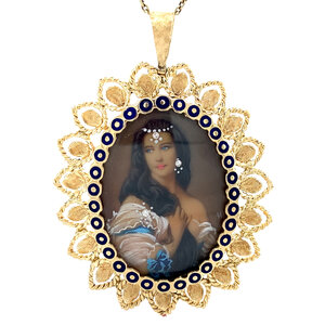 Gold pendant with zirconia and miniature painting 14 krt