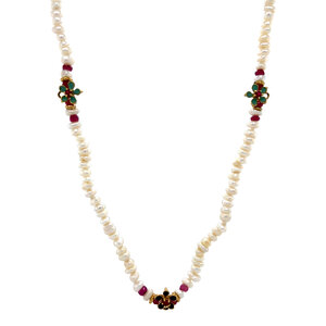Pearl necklace with ruby and enamel 14 krt