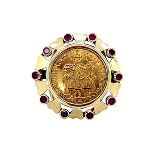 Gouden munt ring met robijn 14 krt
