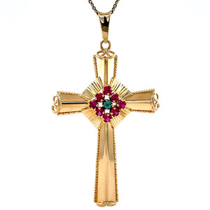 Gold cross pendant with ruby and turquoise 18 krt