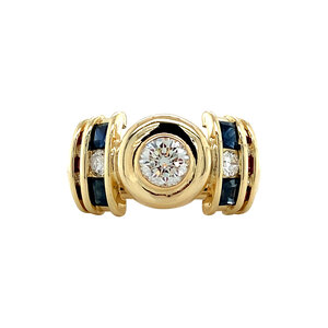 Gouden ring met saffier, robijn en diamant 14 krt