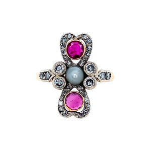 Rose gold ring with ruby, diamond and pearl 14 krt