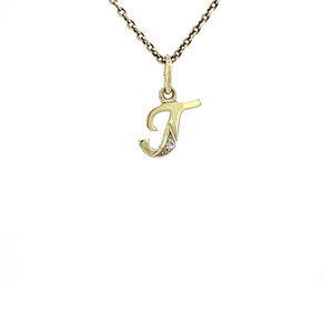 Gold letter T pendant with diamonds 14 krt