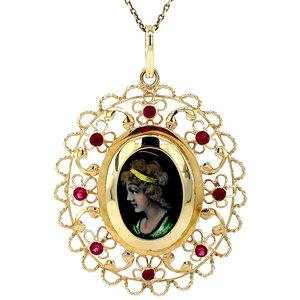 Gold pendant with enamel and coloured stone 14 ct