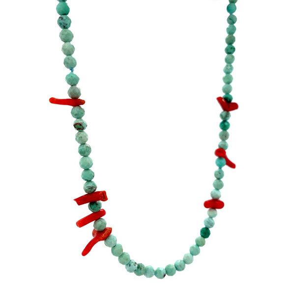vintage Turkoois collier met bloedkoraal en gouden sluiting 14 krt