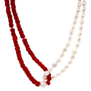 Blood coral and pearl necklace with 14 carat gold clasp