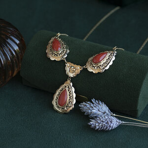 Gold vintage anchor necklace with blood coral 14 kt