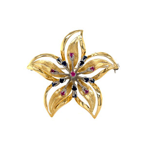 Gouden broche met saffier en robijn 18 krt