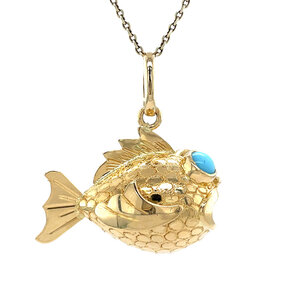 Gold fish pendant with colored stone 18 kt