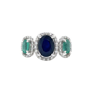 Witgouden ring met smaragd, saffier en diamant 14 krt