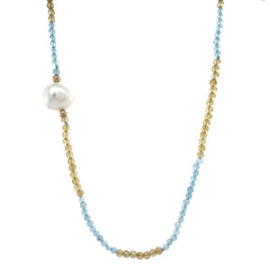 Citrien met aquamarijn collier met parel en siersluiting