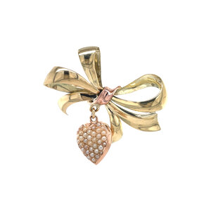 Gouden strik broche met parels 14 krt