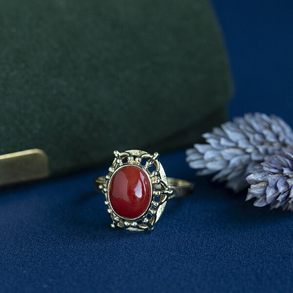 vintage Gouden vintage ring met bloedkoraal 14 krt
