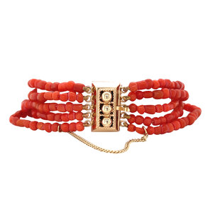 Blood coral bracelet with decorative clasp 14 kt