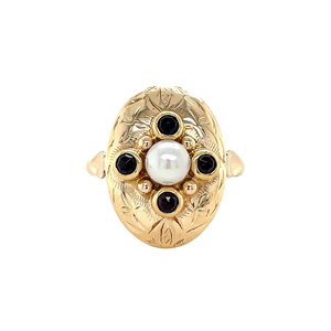 Gouden ring met parel en granaat 14 krt