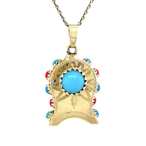 Gold clock pendant with colored stone 14 kt